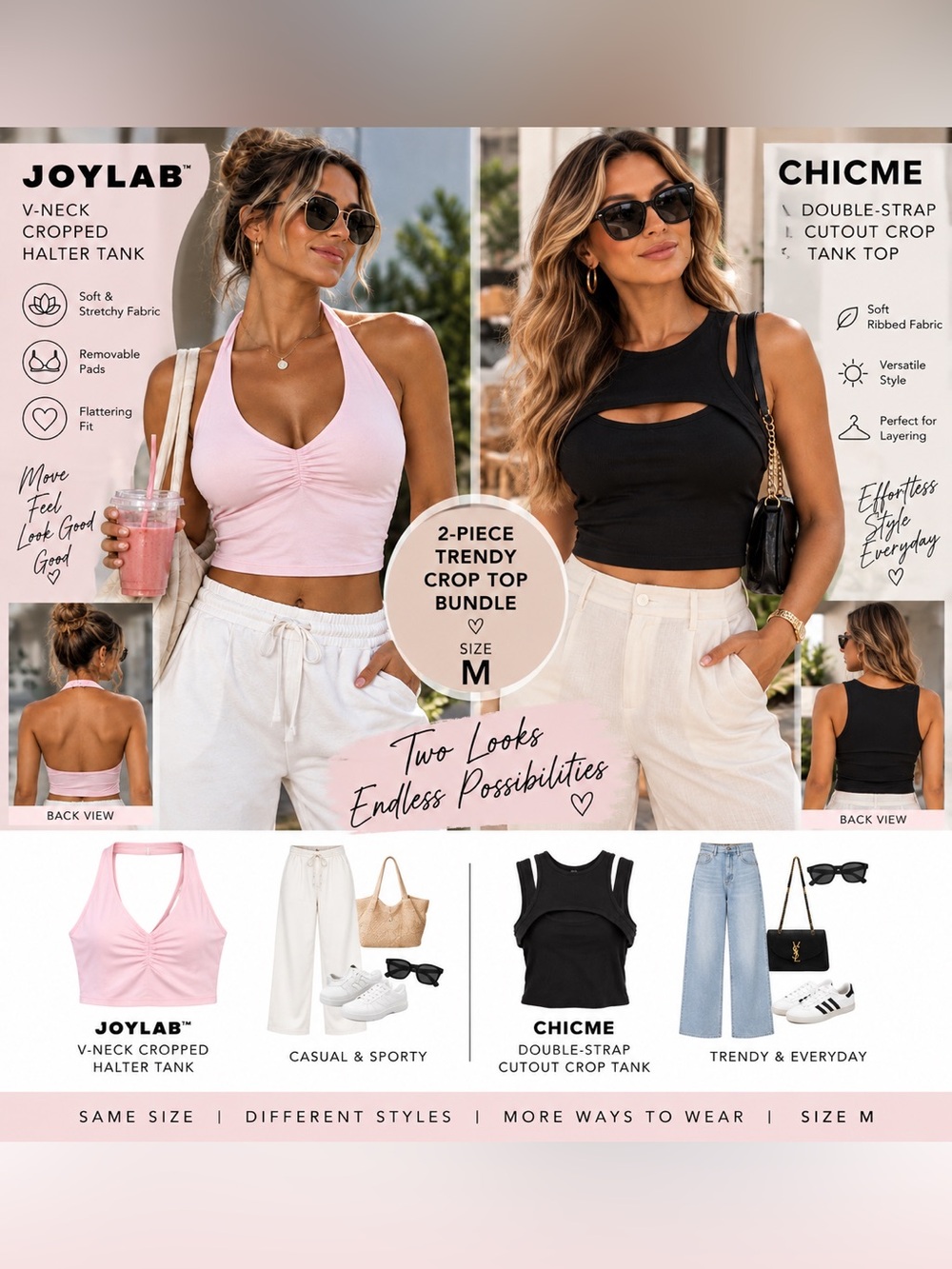 2-Piece Crop Top Bundle JoyLab + ChicMe Size M Pink & Black